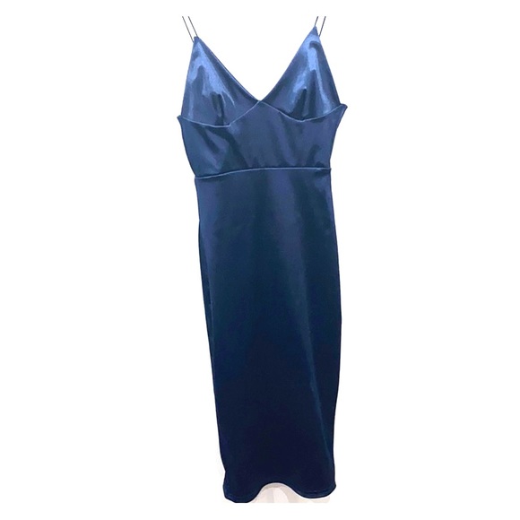navy blue satin midi dress
